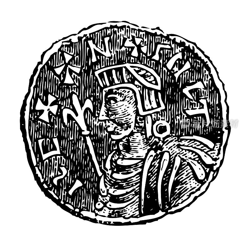 Medieval silver coin of Cnut the Great or Canute - King of England (1016–1035) - Vintage engraved illustration